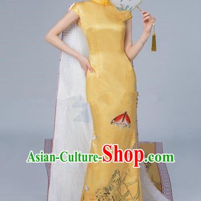 Chinese National Catwalks Printing Golden Cheongsam Traditional Costume Tang Suit Qipao Dress for Women
