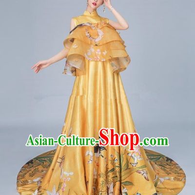 Chinese National Catwalks Printing Flowers Butterfly Golden Trailing Cheongsam Traditional Costume Tang Suit Qipao Dress for Women