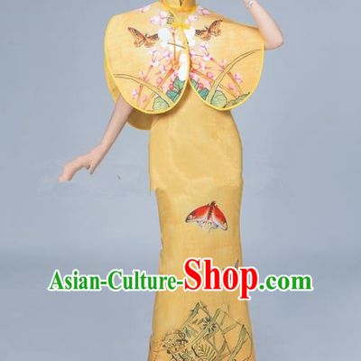 Chinese National Catwalks Printing Butterfly Golden Cheongsam Traditional Costume Tang Suit Qipao Dress for Women