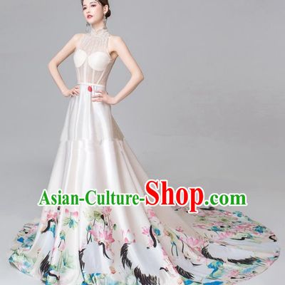 Chinese National Catwalks Printing Lotus White Trailing Cheongsam Traditional Costume Tang Suit Qipao Dress for Women
