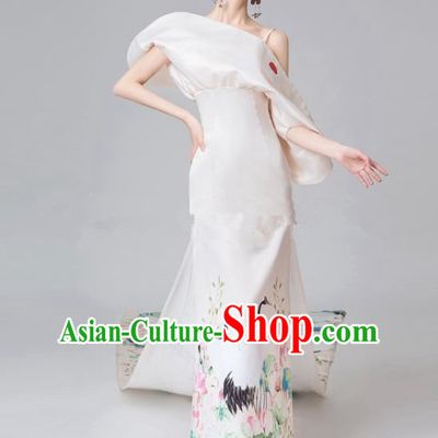 Chinese National Catwalks Printing Crane Lotus White Trailing Cheongsam Traditional Costume Tang Suit Qipao Dress for Women