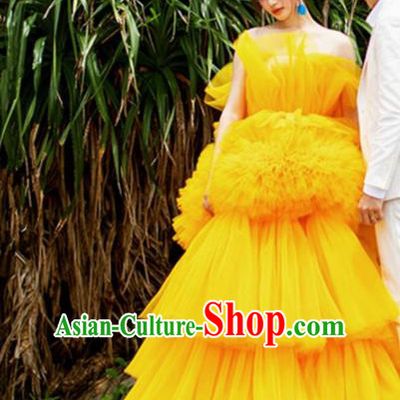 Top Grade Catwalks Compere Yellow Veil Trailing Full Dress Modern Dance Party Costume for Women