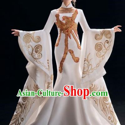 Chinese National Catwalks Embroidered Phoenix White Cheongsam Traditional Costume Tang Suit Qipao Dress for Women