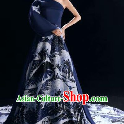 Top Grade Catwalks Compere Printing Navy Trailing Full Dress Modern Dance Party Costume for Women