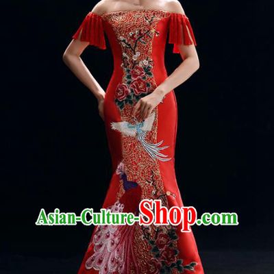 Chinese National Catwalks Embroidered Red Cheongsam Traditional Costume Tang Suit Qipao Dress for Women