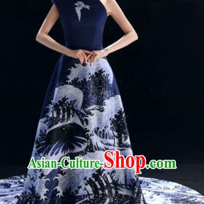 Top Grade Catwalks Compere Printing Trailing Navy Full Dress Modern Dance Party Costume for Women