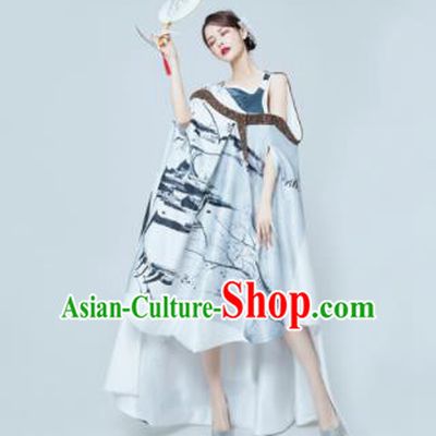 Top Grade Catwalks Compere Ink Painting Short Full Dress Modern Dance Party Costume for Women