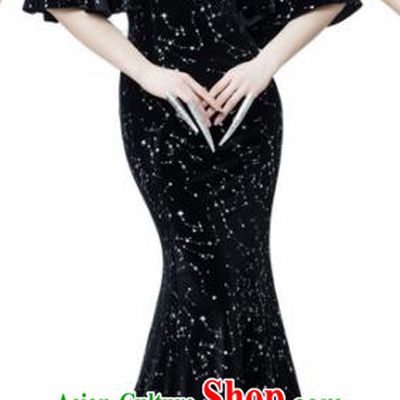 Top Grade Catwalks Compere Black Velvet Full Dress Modern Dance Party Costume for Women