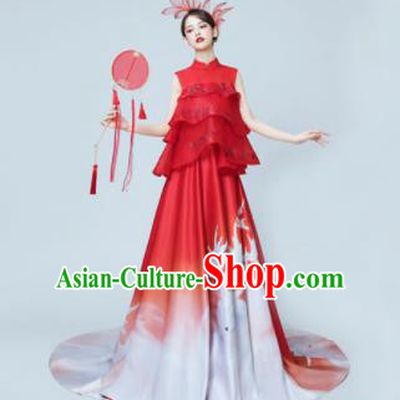 Chinese National Catwalks Printing Red Trailing Cheongsam Traditional Costume Tang Suit Silk Qipao Dress for Women