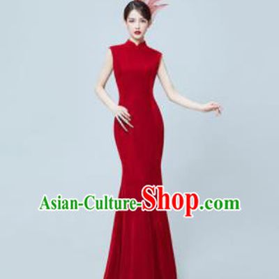 Chinese National Catwalks Wine Red Cheongsam Traditional Costume Tang Suit Silk Qipao Dress for Women