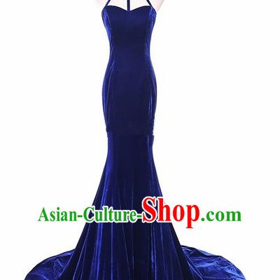 Top Grade Catwalks Chorus Royalblue Velvet Full Dress Compere Modern Dance Party Costume for Women