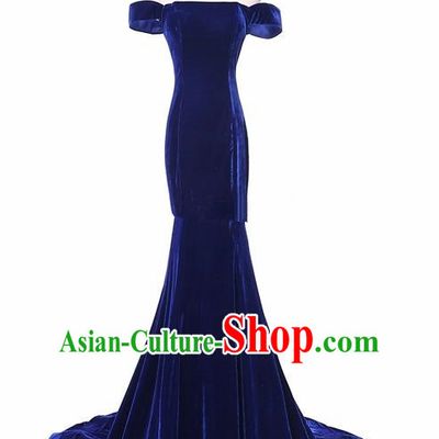 Top Grade Catwalks Chorus Royalblue Velvet Trailing Full Dress Compere Modern Dance Party Costume for Women