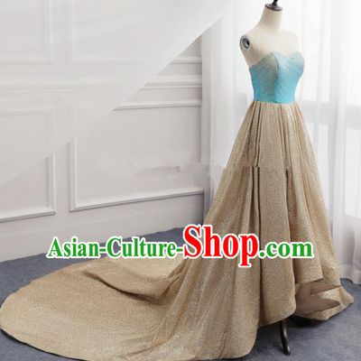 Top Grade Catwalks Compere Golden Trailing Full Dress Chorus Modern Dance Party Costume for Women