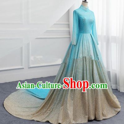 Top Grade Catwalks Compere Blue Trailing Full Dress Chorus Modern Dance Party Costume for Women