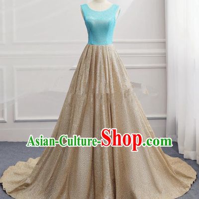 Top Grade Catwalks Compere Trailing Full Dress Chorus Modern Dance Party Golden Costume for Women
