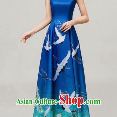 Chinese National Catwalks Printing Cranes Blue Cheongsam Traditional Costume Tang Suit Qipao Dress for Women