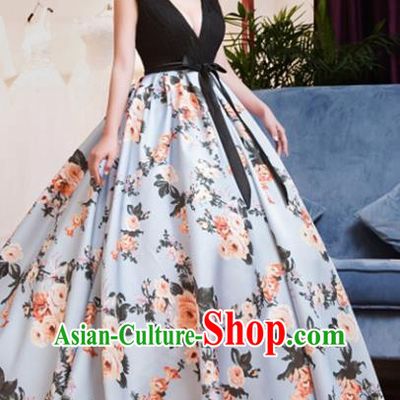Top Grade Compere Costume Modern Dance Party Catwalks Printing Flowers Full Dress for Women