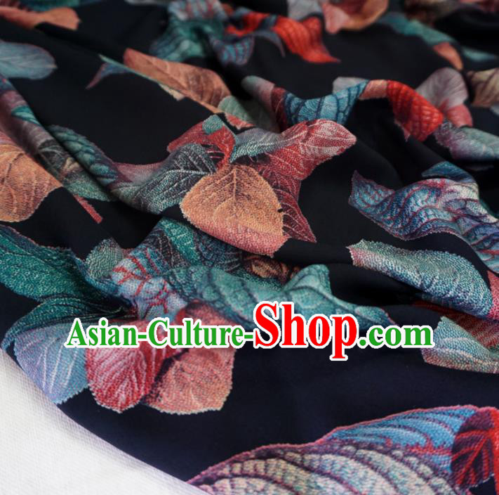 Asian Chinese Traditional Leaf Pattern Navy Watered Gauze Cheongsam Silk Fabric Chinese Fabric Material