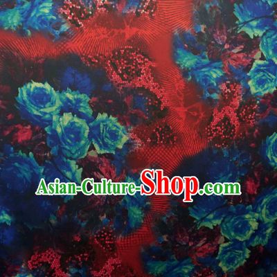 Asian Chinese Traditional Blue Roses Pattern Design Watered Gauze Cheongsam Silk Fabric Chinese Fabric Material