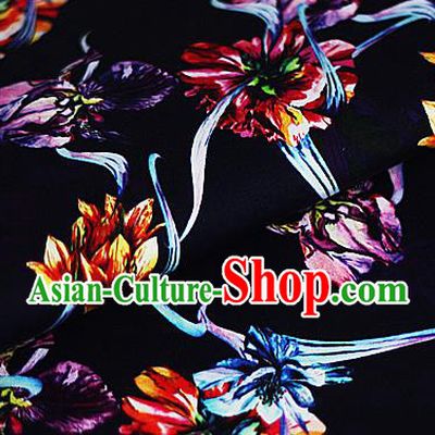 Chinese Classical Printing Flowers Pattern Design Black Brocade Cheongsam Silk Fabric Chinese Traditional Satin Fabric Material