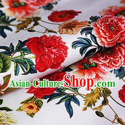 Chinese Classical Printing Peony Pattern Design White Brocade Cheongsam Silk Fabric Chinese Traditional Satin Fabric Material