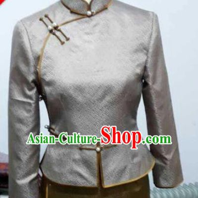 Chinese Traditional Mongolian Ethnic Grey Blouse Mongol Nationality Shirt Costume for Women