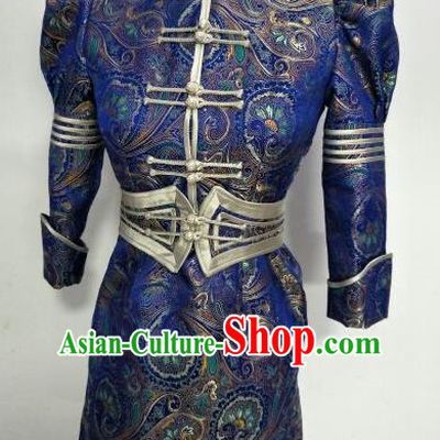 Chinese Traditional Mongolian Ethnic Royalblue Robe Mongol Nationality Female Dress Costume for Women