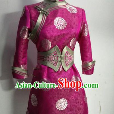 Chinese Traditional Mongolian Ethnic Rosy Robe Mongol Nationality Female Dress Costume for Women