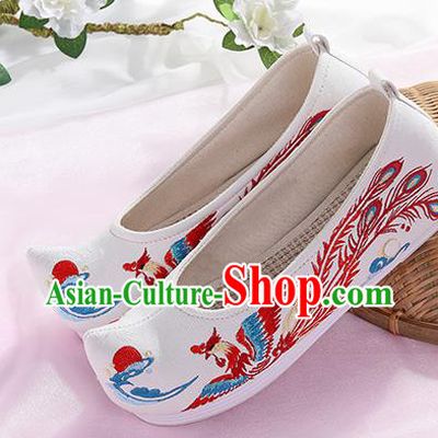 Chinese Traditional Hanfu White Shoes Embroidered Phoenix Shoes Handmade Ancient Princess Shoes for Women