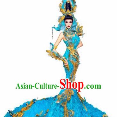 Handmade Modern Fancywork Stage Show Blue Trailing Dress Halloween Cosplay Queen Fancy Ball Costume for Women