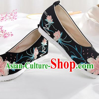 Chinese Traditional Hanfu Shoes Embroidered Peach Blossom Black Shoes Handmade Ancient Princess Shoes for Women