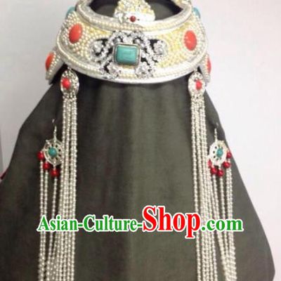 Chinese Traditional Mongol Nationality Sliver Hair Accessories Mongolian Ethnic Wedding Royal Crown Headwear for Women
