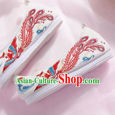 Chinese Traditional Hanfu Cloth Shoes Embroidered Phoenix White Shoes Handmade Ancient Princess Shoes for Women