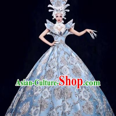 Handmade Modern Fancywork Stage Show Court Blue Dress Halloween Cosplay Queen Fancy Ball Costume for Women