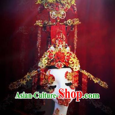 Chinese Traditional Stage Show Red Phoenix Coronet Deluxe Hair Accessories Handmade Cosplay Queen Hat Headwear for Women