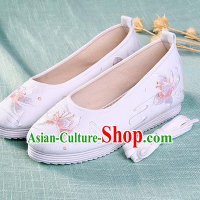 Chinese Traditional Embroidered Lotus White Shoes Hanfu Cloth Shoes Handmade Ancient Princess Shoes for Women