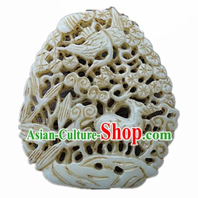 Handmade Chinese Jade Carving Crane Deer Pendant Traditional Jade Craft Jewelry Accessories