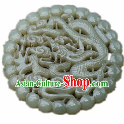 Handmade Chinese Jade Carving Dragons Round Pendant Traditional Jade Craft Jewelry Accessories