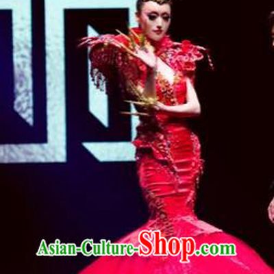 Traditional Chinese Catwalks Costume Stage Show Modern Fancywork Red Veil Fishtail Dress for Women