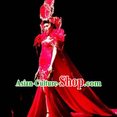 Traditional Chinese Catwalks Costume Stage Show Modern Fancywork Red Trailing Dress for Women