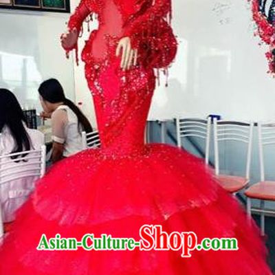 Handmade Europe Court Stage Show Red Fishtail Dress Halloween Cosplay Fancy Ball Modern Fancywork Costume for Women