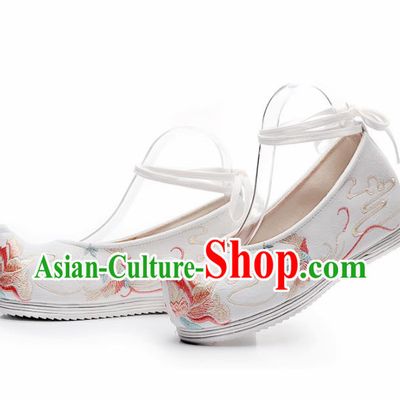 Chinese Traditional Embroidered Phoenix Peony White Shoes Hanfu Cloth Shoes Handmade Ancient Princess Shoes for Women