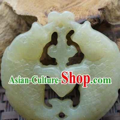 Chinese Handmade Jade Craft Jewelry Accessories Traditional Carving Double Fishes Jade Pendant