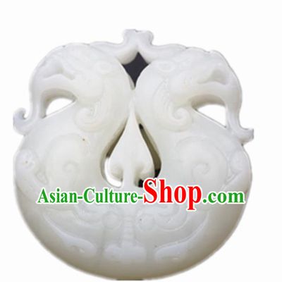 Chinese Handmade Carving Double Dragons White Jade Pendant Traditional Jade Craft Jewelry Accessories