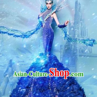 Handmade Modern Fancywork Stage Show Court Blue Fishtail Full Dress Halloween Cosplay Queen Fancy Ball Costume for Women