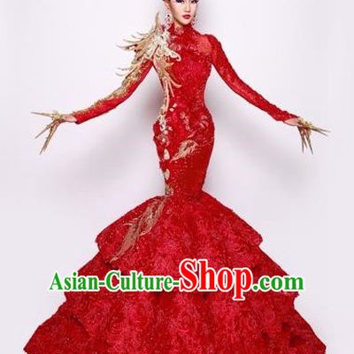 Handmade Modern Fancywork Stage Show Court Red Fishtail Full Dress Halloween Cosplay Queen Fancy Ball Costume for Women