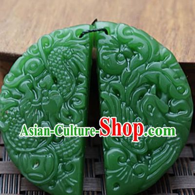 Chinese Handmade Jewelry Accessories Carving Dragon Phoenix Green Jade Pendant Ancient Traditional Jade Craft Decoration
