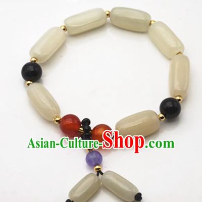 Chinese Handmade Ancient White Jade Bracelet Traditional Jade Bangle Chain Jewelry Accessories for Women for Men