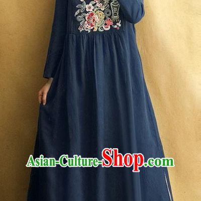 Traditional Chinese Tang Suit Navy Linen Cheongsam Embroidered Qipao Dress National Costume for Women