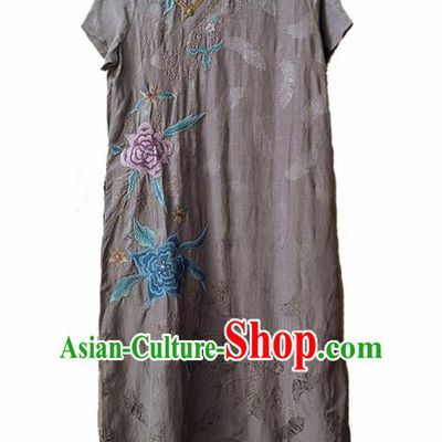 Traditional Chinese National Costume Tang Suit Embroidered Grey Cheongsam Qipao Dress for Women